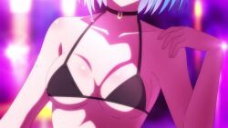 1girl animated anime_screenshot ass bikini black_bikini black_choker blue_hair bracelet breasts choker cleavage covering_own_eyes danjo_no_yuujou_wa_seiritsu_suru? highres inuzuka_himari jewelry medium_breasts navel pool poolside short_hair side-tie_bikini_bottom sideboob solo sound stomach swimsuit tagme thighs thong thong_bikini underboob video