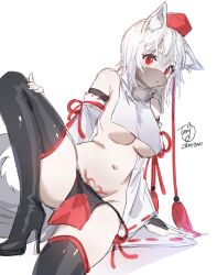 Rule 34 | 1girl, absurdres, adapted costume, animal ears, bare shoulders, black footwear, boots, borrowed design, breast curtain, breasts, commentary request, detached sleeves, ecchuu fundoshi, elbow gloves, feet out of frame, gloves, hat, high heel boots, high heels, highres, inubashiri momiji, korean commentary, korean text, loincloth, medium breasts, midriff, mouth veil, navel, no bra, no panties, pelvic curtain, pom pom (clothes), protected link, pubic tattoo, red eyes, red ribbon, revealing clothes, ribbon, ribbon-trimmed sleeves, ribbon trim, see-through, shiny clothes, short hair, sitting, skindentation, stomach, tail, tassel, tattoo, thigh boots, thighhighs, timy, tokin hat, touhou, veil, weapon, white hair, wolf ears, wolf tail