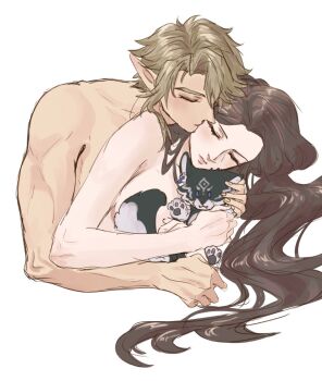 1boy 1girl animal_earrings blonde_hair blue_eyes breasts brown_hair closed_eyes couple hair_between_eyes hetero hug hug_from_behind kiss kissing_cheek kurokawa_karasu link long_hair medium_breasts nintendo nude parted_bangs pointy_ears princess_zelda short_hair the_legend_of_zelda the_legend_of_zelda:_twilight_princess upper_body white_background wolf_link