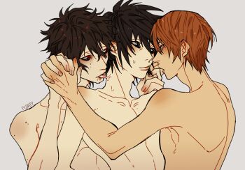 3boys absurdres bags_under_eyes beyond_birthday black_hair brown_hair death_note death_note:_another_note floatyart group_sex highres l_(death_note) licking lips male_focus mmm_threesome multiple_boys multiple_moles pale_skin red_eyes threesome tongue tongue_out yagami_light