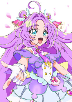 Rule 34 | 1girl, :d, absurdres, ahoge, akechi anna, aqua trim, back bow, bare shoulders, blue eyes, blurry, blurry background, blush, bow, bowtie, brooch, buttons, capelet, commentary, cure answer, curtained hair, double-breasted, double bun, dress, earrings, falling petals, fingerless gloves, fingernails, glove bow, gloves, gold buttons, hair bun, hair flaps, hair intakes, hair ornament, heart, heart brooch, heart in eye, highres, impossible hair, index finger raised, jewelry, layered dress, long hair, looking at viewer, magical girl, medium dress, meitantei precure!, morishita (moricuremori), off-shoulder dress, off shoulder, open mouth, outstretched arm, pact holder, parted bangs, petals, pleated dress, precure, purple bow, purple bowtie, purple capelet, purple dress, purple gloves, purple hair, sidelocks, simple background, sleeveless, sleeveless dress, smile, solo, standing, symbol in eye, teeth, thick eyebrows, upper body, upper teeth only, very long hair, white background, wing hair ornament, yellow bow