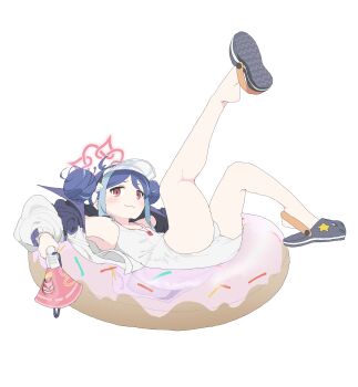 1girl absurdres ass blue_archive blue_hair blush breasts brown_hair crocs double_bun fubuki_(blue_archive) fubuki_(swimsuit)_(blue_archive) fuyubone hair_bun halo highres holding holding_megaphone innertube jacket looking_at_viewer megaphone multicolored_hair simple_background small_breasts smile solo swim_ring two-tone_hair visor_cap whistle whistle_around_neck white_background