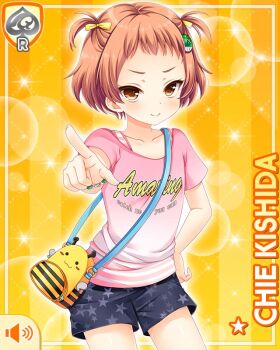 1girl bag bee blouse bow bracelet brown_hair bug button card character_name closed_mouth english_text female_focus girlfriend_(kari) hair_bow hair_ornament hand_on_own_hip insect jewelry kishida_chie official_art pink_shirt pointing qp:flapper shirt shorts smile solo standing strap tagme twintails yellow_background yellow_eyes
