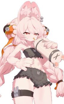 1girl animal_ear_fluff animal_ear_piercing animal_ears bra braid commentary drinking drinking_straw frilled_bra frilled_panties frills furry furry_female hand_on_own_hip highres holding korean_commentary long_hair navel panties pink_hair rabbit_ears rabbit_girl red_eyes simple_background solo thick_eyebrows thigh_strap twin_braids underwear underwear_only white_background wonjang zenless_zone_zero zhao_(zenless_zone_zero)
