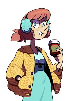 1girl alternate_costume blue_eyes cardigan discount-supervillain dress earmuffs highres holding humanization pearl_(steven_universe) pointy_nose ponytail short_hair smile solo steven_universe