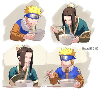 2boys =_= artist_name blonde_hair blue_kimono bowl brown_hair brown_sweater cheek_bulge chopsticks closed_eyes commentary eating egg facial_mark food forehead_protector hair_bun haku_(naruto) hand_on_own_face highres holding holding_chopsticks jacket japanese_clothes kamaboko kimono konohagakure_symbol laughing long_sleeves multiple_boys multiple_views naruto_(classic) naruto_(series) narutomaki noodles orange_jacket parted_lips ramen ramen_stand ribbed_shirt shirt sidelocks spiked_hair sssiii7610 steam sweater teeth trap upper_body uzumaki_naruto whisker_markings zipper zipper_pull_tab