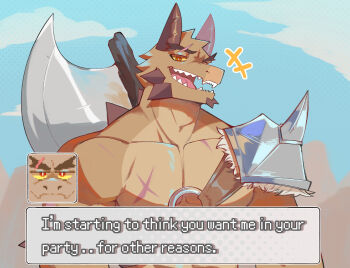 1boy armor axe bara barbarian bright_pupils broad_shoulders chest_harness collarbone colored_sclera dragon_boy dragon_horns english_text falkor_(greenderg) fangs furry furry_male greenderg harness highres horns light_frown looking_at_viewer male_focus muscular muscular_male no_nipples open_mouth orange_eyes original pauldrons pixel_art_inset raised_eyebrow scar scar_across_eyebrow scar_on_chest scar_on_face sharp_teeth shoulder_armor single_pauldron smirk solo teeth topless_male upper_body user_interface video_game_dialogue_box weapon weapon_on_back white_pupils yellow_sclera