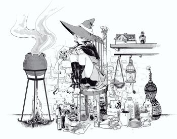 1girl bike_shorts black_nails bottle bouquet brick_wall capelet cauldron chair dress feet female_focus fire flower greyscale halftone hat highres ladle lantern monochrome original potion shelf shorts_under_dress sitting smoke solo toeless_legwear toes toktin_zq tulip vase witch witch_hat