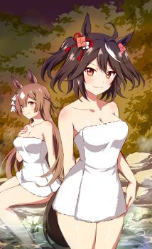 2girls absurdres ahoge animal_ears black_hair blush bow box_wonderland braid breasts brown_hair cleavage collarbone commentary ear_ornament ear_ribbon half_up_braid highres horse_ears horse_girl horse_tail kitasan_black_(umamusume) long_hair looking_at_viewer medium_breasts multicolored_hair multiple_girls naked_towel onsen orange_eyes outdoors partially_submerged same-sex_bathing satono_diamond_(umamusume) shared_bathing smile streaked_hair tail towel umamusume very_long_hair