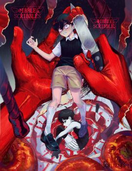 Rule 34 | 2boys, absurdres, antenna hair, apple, artist name, black eyes, black hair, black shoes, black shorts, black sweater vest, black tank top, black thighhighs, brown shorts, collared shirt, colored skin, commentary, double-parted bangs, dual persona, english commentary, food, fruit, hair between eyes, highres, holding, holding knife, ibble (ibblescribbles), jump rope, kneehighs, knees up, knife, male focus, multiple boys, omori, omori (omori), open mouth, shirt, shoes, short hair, short sleeves, shorts, socks, spoilers, striped clothes, striped shorts, sunny (omori), sweater vest, tank top, thighhighs, two-tone shorts, vertical-striped clothes, vertical-striped shorts, white shirt, white shorts, white skin, white socks