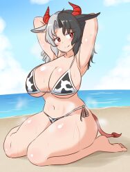 Rule 34 | 1girl, animal ears, animal print, arms behind head, beach, bikini, black hair, blue sky, breasts, cleavage, closed mouth, cloud, commentary request, commission, cow ears, cow girl, cow horns, cow print, cow print bikini, full body, highres, horns, large breasts, looking at viewer, mismatched animal ear colors, mizusoba, multicolored hair, navel, ocean, outdoors, print bikini, red eyes, red horns, seiza, shirt, sitting, skeb commission, sky, smile, solo, split-color hair, sweat, swimsuit, touhou, ushizaki urumi, white hair, white shirt