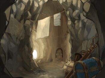 arrow_(projectile) bell campfire cave_interior clothesline commentary_request fantasy lantern male_underwear map no_humans original quiver rope scenery statue towel treasure_chest tukasac underwear unworn_male_underwear