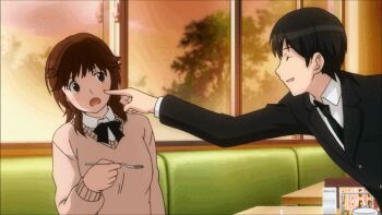:3 :o ^_^ afternoon amagami bakadere biting biting black_hair blush brown_hair cake cheek_poking closed_eyes couple dating eating biting_finger food indoors messy_hair playing poking restaurant sakurai_rihoko sitting smile spork strawberry_shortcake sucking_finger sweater tachibana_jun&#039;ichi window