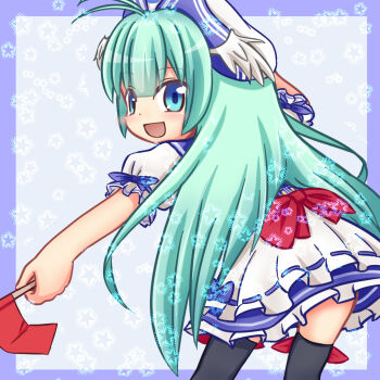 1girl antenna_hair black_thighhighs blue_background blue_eyes blue_skirt emil_chronicle_online flag fly_fish_alma frilled_skirt frilled_sleeves frills from_behind green_hair hat head_wings holding holding_flag kotowa leg_ribbon long_hair looking_back open_mouth red_flag red_ribbon ribbon sailor_collar shirt skirt smile solo star_(symbol) star_symbol_background thighhighs white_hat white_shirt white_skirt white_wings wings
