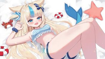 1girl animal_ears blonde_hair breasts chan-neru highres indie_virtual_youtuber long_hair multicolored_hair sameko_saba small_breasts solo streaked_hair swimsuit tail virtual_youtuber