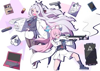 2girls :d ahoge aiming alternate_costume ballistic_shield belt beretta_1301 black_footwear black_gloves black_pantyhose black_shirt blazer blue_archive breast_pocket bullet carrying clipboard coffee coffee_mug collared_shirt commentary_request computer cup demon_girl demon_horns demon_wings fighting_stance fingerless_gloves firing forehead gloves grey_hair gun hair_between_eyes hair_ornament hair_ribbon hairclip half_updo halo handgun heterochromia high_heels highres hina_(blue_archive) holding holding_gun holding_weapon horns hoshino_(blue_archive) jacket jacket_on_shoulders kneeling laptop long_hair long_sleeves looking_at_another mug multiple_girls necktie open_clothes open_jacket open_mouth pantyhose paper_stack parted_bangs pen pencil_skirt pink_hair pocket purple_eyes red_necktie ribbon shield shirt shoes shorts shoulder_strap sidelocks simple_background skirt smile sneakers standing standing_on_one_leg sweatdrop tablet_pc tie_clip useless_machine wavy_hair weapon white_footwear white_jacket white_shorts white_skirt wind wings yukimi_unagi