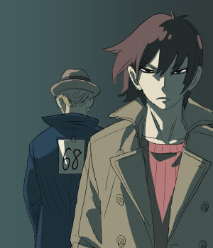 Rule 34 | 2boys, absurdres, black eyes, black hair, blonde hair, blue coat, brown coat, coat, collarbone, endou tatsuya, frown, hat, highres, male focus, multiple boys, paper, serious, spy x family, tape, twilight (spy x family), yuri briar