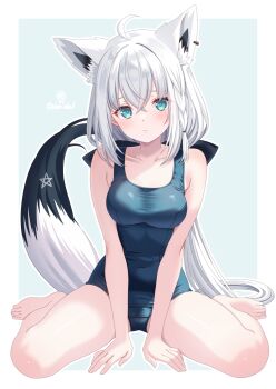 1girl ahoge animal_ear_piercing animal_ears aqua_eyes barefoot black_ribbon blue_one-piece_swimsuit braid breasts closed_mouth commentary_request covered_navel double-parted_bangs extra_ears feet fox_ears fox_girl fox_tail full_body hair_between_eyes hair_ribbon highres hololive long_hair looking_at_viewer low_ponytail medium_breasts one-piece_swimsuit pentagram ponytail ribbon school_swimsuit shirakami_fubuki side_braid simple_background single_braid sitting solo swimsuit tail toes toketa-sekai virtual_youtuber wariza white_hair