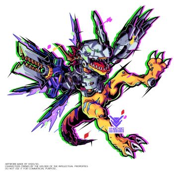 Rule 34 | arm blade, arm cannon, claw (weapon), commentary, cyborg, digimon, digimon (creature), dinosaur, english commentary, full body, helmet, highres, horns, mechanical arms, metalgreymon, metalgreymon alterous mode, multiple wings, no humans, purple wings, red hair, sharp teeth, short hair, simple background, teeth, torn wings, vh20/20, weapon, white background, wings