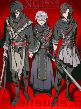 1girl 2boys absurdres bailuan_(shin_sangoku_musou) black_boots black_hair black_scarf blue_eyes boots brown_eyes brown_hair chinese_clothes earrings eyeliner full_body grey_hair hair_between_eyes highres holding holding_sword holding_weapon jewelry lipstick makeup multiple_boys parted_bangs red_background red_eyeliner roku_(gansuns) scarf shin_sangoku_musou shin_sangoku_musou_origins sword weapon zhuhe_(shin_sangoku_musou) ziluan_(shin_sangoku_musou)