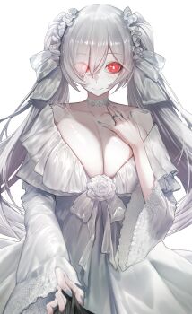 1girl absurdres alternate_costume blush breasts bright_pupils cinderella_(nikke) closed_mouth collarbone commentary cowboy_shot dress eyes_visible_through_hair fingernails goddess_of_victory:_nikke grey_hair grey_nails hair_over_one_eye hand_on_own_chest highres houh888 huge_breasts long_dress long_fingernails long_hair looking_at_viewer nail_polish nose_blush pov red_eyes shirt_tug simple_background smile twintails very_long_hair white_background white_dress white_pupils