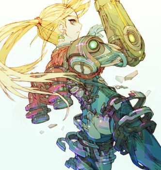 1girl arm_cannon blonde_hair blue_bodysuit blue_eyes bodysuit digital_dissolve dutch_angle earrings exposed_muscle floating_hair jet_engine jewelry long_hair looking_at_viewer materializing mechabare metroid metroid_(creature) metroid_dread metroid_larva nakayama_tooru nintendo normal_suit_(metroid) parted_lips ponytail power_suit_(metroid) samus_aran sideways_glance skin_tight solo spinal_cord weapon white_background zero_suit