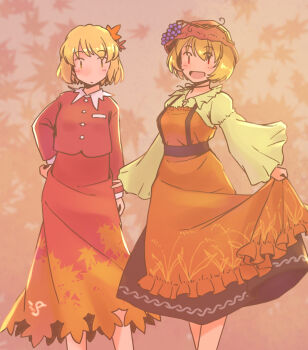 Rule 34 | 2girls, :d, aki minoriko, aki shizuha, apron, black skirt, blonde hair, blurry, blurry background, blush, brown eyes, collar, commentary request, feet out of frame, grape hat ornament, hat, leaf, leaf background, leaf print, long skirt, long sleeves, maple leaf, maple leaf print, mob cap, multiple girls, open mouth, orange apron, orange background, parted lips, plant hair, rangycrow, red eyes, red hat, red shirt, red skirt, shirt, short hair, skirt, skirt hold, smile, touhou, wheat print, white collar, yellow shirt, | |