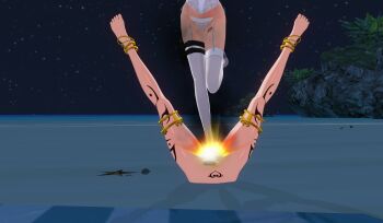 3d beach beaten body_markings breasts defeated_villainess exhibitionism flying_kick green_eyes groin_attack helpless kicking long_hair night night_sky original pink_eyes pink_hair pubic_hair public_indecency ryona sexual_demon_tattoo sky star_(sky) starry_sky
