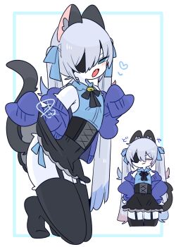 1boy :3 :o animal_ear_fluff animal_ears armpit_crease bare_shoulders bell black_corset black_ribbon black_skirt black_thighhighs blue_bow blue_cardigan blue_eyes blue_hair blue_panties blue_shirt blush body_fur bow bulge cardigan cat_boy cat_ears cat_tail closed_eyes closed_mouth clothes_lift collared_shirt colored_tips commentary corset cowboy_shot crossdressing crossdressing_(mtf) double-parted_bangs eyepatch fang flipped_hair frilled_shirt_collar frills full_body furrification furry furry_male garter_straps grey_tail hair_between_eyes hair_bow hair_intakes hands_on_own_hips hands_up heart highres jingle_bell jirai_kei kneeling long_hair long_sleeves male_focus miniskirt multicolored_hair multiple_views neck_bell neck_ribbon no_nose no_shoes off_shoulder one_eye_covered op_na_yarou open_cardigan open_clothes open_mouth original panties panty_straps quad_tails red_hair ribbon rigel_(op_na_yarou) shirt side-tie_panties sidelocks simple_background skin_fang skirt sleeveless sleeveless_shirt sleeves_past_fingers sleeves_past_wrists smug standing straight_hair tail teasing thighhighs thighs translated trap underwear very_long_hair watermark white_background white_fur white_hair