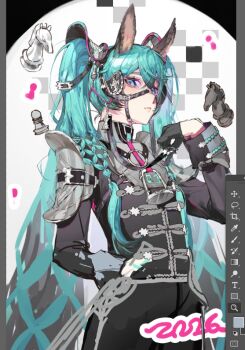 1girl alternate_costume animal_ears aqua_eyes aqua_hair armor art_program_in_frame black_gloves black_jacket black_pants braid braided_sidelocks bridle buttons chess_piece double-breasted expressionless gloves harness hatsune_miku high_collar horse_ears horse_girl jacket kako_(pixiv77158173) knight_(chess) looking_at_viewer low_twin_braids o-ring o-ring_harness pants pawn_(chess) saddle_hair_ornament shoulder_armor sleeve_cuffs solo twin_braids twintails unfinished vocaloid