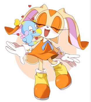 1girl 1m_0_animeweeb animal_ears chao_(sonic) cheese_(sonic) closed_eyes cream_the_rabbit dress eyelashes facing_viewer full_body furry furry_female gloves hashtag-only_commentary heart highres open_mouth orange_dress orange_shoes rabbit_ears rabbit_girl shoes socks sonic_(series) white_gloves white_socks