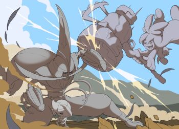 Rule 34 | battle, closed eyes, cowering, debris, dust, eyelashes, gen 5 pokemon, hammer, hands on own head, hashtag-only commentary, holding, holding hammer, kingambit, long hair, monochrome, nintendo, open mouth, partially colored, pawniard, pokemon, pokemon (creature), pokemon focus, smile, tinkaton, white background, wizter27