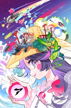 1girl 5boys absurdres akutsu_mabu azuma_sara brown_sweater_vest commentary_request cucumber eyelashes grin hat highres holding_hands jinnai_enta kappa keppi kuji_toi laughing missile multiple_boys necktie niiboshi_reo one_eye_closed purple_eyes purple_hair red_necktie ribbon-trimmed_sleeves ribbon_trim sarazanmai shooting_star smile straw_hat sweater_vest timmy_(timmikimy) utility_pole waves yasaka_kazuki