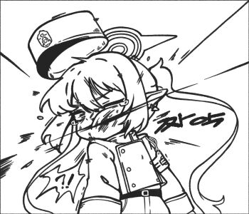 !? 0dot001hz 1girl armband belt blue_archive buttons commentary_request conductor double-breasted earrings halo hat jewelry kepi korean_commentary korean_text military_hat monochrome nozomi_(blue_archive) pointy_ears ryona single_earring slapping spoken_interrobang tears translation_request twintails wince