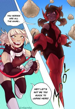 blonde_hair bodysuit boku_no_hero_academia brown_hair fangs highres m0chicakes orange_eyes role_reversal toga_himiko uraraka_ochako yellow_eyes