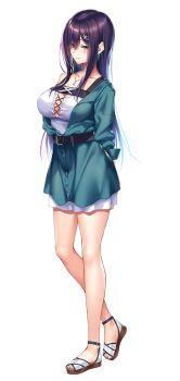 Rule 34 | 1girl, amakano 2, arms behind back, belt, belt buckle, black belt, blush, breasts, brown shoes, buckle, cleavage, closed mouth, collarbone, dress, full body, green eyes, green jacket, hair between eyes, himiyama rei, jacket, jewelry, large breasts, large variant set, legs, long hair, long sidelocks, looking at viewer, multicolored shoes, necklace, official art, partially unbuttoned, piromizu, purple hair, shoes, sidelocks, simple background, single bare shoulder, single off shoulder, smile, solo, standing, tachi-e, two-tone shoes, variant set, white background, white dress, white shoes