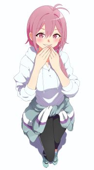 Rule 34 | 1girl, absurdres, antenna hair, aqua shoes, black pants, clenched teeth, clothes around waist, commentary request, from above, hair between eyes, hand to own mouth, highres, hood, hoodie, izumino koyume, jacket, jacket around waist, low side ponytail, pants, pink eyes, pink hair, setsuna bluem34, shine post, shoes, socks, solo, teeth, white background, white hoodie, white socks