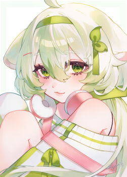1girl :3 absurdres ahoge animal_ears ferret_girl fetal_position green_eyes green_hair hairband headphones highres indie_virtual_youtuber knees_up laimu_(vtuber) looking_at_viewer off-shoulder_shirt off_shoulder protagkunist ribbon shirt suspenders suspenders_slip twintails virtual_youtuber white_hair