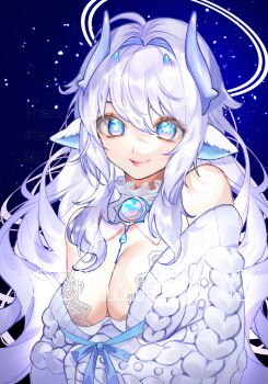 1girl animal_ears banbanjiiiiiii bare_shoulders blue_eyes breasts cleavage commentary_request commission halo highres horns jewelry large_breasts long_hair off_shoulder original skeb_commission solo star-shaped_pupils star_(symbol) sweater symbol-shaped_pupils upper_body white_hair white_sweater