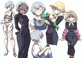 1girl arm_support arm_warmers ayanami_rei black_bodysuit blue_hair blue_socks blush bodysuit bolo_tie boots breasts cassette_player closed_eyes closed_mouth colo_(nagrolaz) commentary cowboy_shot cropped_legs dress earphones evangelion:_3.0+1.0_thrice_upon_a_time evangelion:_3.0_you_can_(not)_redo feet_out_of_frame food frown full_body hair_between_eyes hair_ornament hand_on_own_wrist hands_on_own_knees hat holding holding_food kneehighs light_frown listening_to_music looking_at_object looking_at_viewer looking_down looking_to_the_side mecha_pilot_suit medium_breasts multiple_views neon_genesis_evangelion onion plugsuit_(evangelion) profile rebuild_of_evangelion red_eyes red_neckwear rubber_boots school_uniform short_dress short_hair simple_background sitting smile socks standing straw_hat surprised upper_body white_background white_bodysuit wide_hips