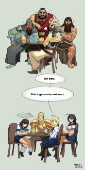 3girls 5boys ahoge alcohol angry antenna_hair armor artoria_pendragon_(fate) bad_deviantart_id bad_id barefoot beard beer beer_mug belt black_legwear blonde_hair boots bowl breasts brown_hair chainmail chair chinese_text chopsticks chouhi_ekitoku comparison crossed_arms crossover crown cup dark-skinned_male dark_skin drink english_text expressionless eye_contact facial_hair fate/stay_night fate_(series) gauntlets gilgamesh_(fate) gilgamesh_(mythology) glaring guan_yu highres ikkitousen kan&#039;u_unchou king king_arthur long_hair looking_at_another manly midriff miniskirt monty_python mug multiple_boys multiple_crossover multiple_girls muscular mustache mythology on_chair open_mouth pantyhose parody period_clothes pleated_skirt purple_hair ribbon rice rice_bowl romance_of_the_three_kingdoms saber_(fate) saejin_oh scared school_uniform serafuku shoes short_hair sitting skirt socks staring table the_epic_of_gilgamesh trembling underboob very_long_hair white_legwear worried you_gonna_get_raped zhang_fei_(romance_of_the_three_kingdoms)