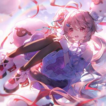 Rule 34 | 1girl, :d, ahoge, animal ears, antenna hair, arknights, arknights: endfield, bare shoulders, black pantyhose, bow, braid, brown hair, chinese commentary, commentary request, detached sleeves, dress, eyjafjalla (arknights), fingerless gloves, full body, gloves, hair between eyes, hair ornament, high heels, highres, horns, knees up, long hair, looking at viewer, open mouth, pantyhose, pink eyes, ratto (ratto channel), red eyes, ribbon, sheep, sheep ears, sheep horns, shoes, side ponytail, smile, solo, tail, teeth, thighhighs, upper teeth only, very long hair, white bow, white gloves