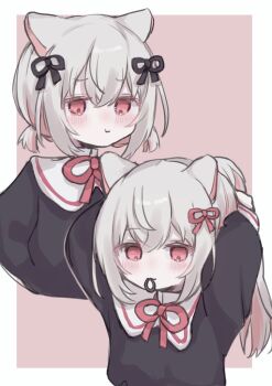 Rule 34 | 1girl, :t, adjusting hair, alternate hairstyle, animal ears, arazan (ara arazan24), arms up, black dress, black ribbon, blush, border, cat ears, commentary request, cropped torso, dress, hair ornament, hair ribbon, hair tie in mouth, long hair, low twintails, mouth hold, multicolored hair, multiple views, neck ribbon, no headwear, outside border, pink background, pink eyes, pink hair, pink ribbon, ponytail, ribbon, sayo (voicevox), short hair, short twintails, twintails, tying hair, voicevox, white border, white hair