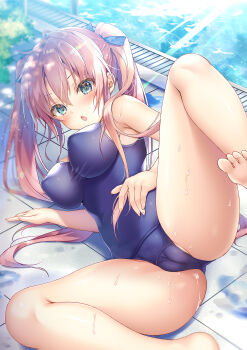 1girl :o bare_arms bare_legs bare_shoulders barefoot blue_eyes blue_one-piece_swimsuit blue_ribbon blush breasts bush cameltoe collarbone commentary_request covered_erect_nipples covered_navel day eyelashes feet groin hair_between_eyes hair_ribbon highres impossible_clothes impossible_swimsuit kino_(kino_konomi) large_breasts leg_up long_hair looking_at_viewer lying melonbooks old_school_swimsuit on_side one-piece_swimsuit open_mouth original outdoors pink_hair pool pool_ladder poolside ribbon school_swimsuit sidelocks skin_tight soles solo sweat swimsuit taut_clothes taut_swimsuit toes twintails very_long_hair water