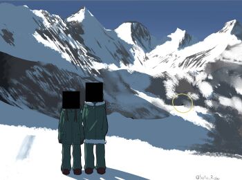 2girls artist_name black_hair blonde_hair censored censored_identity chito_(shoujo_shuumatsu_ryokou) circlet coat full_body green_coat green_pants hair_over_shoulder hashtag-only_commentary highres long_hair looking_at_viewer low_twintails military_uniform mountain mountainous_horizon multiple_girls outdoors pants scp-096 scp_foundation shoujo_shuumatsu_ryokou snow soto_robo standing twintails twitter_username yuuri_(shoujo_shuumatsu_ryokou)