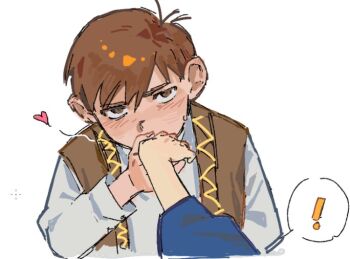 ! 1boy 1girl blue_dress blush brown_eyes brown_hair brown_vest chilchuck_tims covered_mouth dress dungeon_meshi fingernails hair_between_eyes hand_up heart hetero holding_hands kiss kissing_hand kugai697139 long_sleeves marcille_donato open_clothes open_vest puffy_long_sleeves puffy_sleeves shirt short_hair solo_focus spoken_exclamation_mark sweatdrop upper_body vest white_shirt