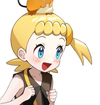 1girl :d blonde_hair blue_eyes blush bonnie_(pokemon) brown_shirt clenched_hands commentary_request dedenne gen_6_pokemon hands_up happy korean_commentary lowres nintendo on_head open_mouth pokemon pokemon_(anime) pokemon_(creature) pokemon_on_head pokemon_xy_(anime) pokesudal shirt simple_background sleeveless sleeveless_shirt smile strap white_background