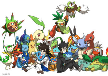 1boy 1girl :d animal_ear_fluff bad_id bad_pixiv_id bayleef bird braixen brionne charmeleon closed_eyes combusken commentary_request creature croconaw dartrix dewott drizzile facing_viewer fangs fire flame-tipped_tail flying frogadier gen_1_pokemon gen_2_pokemon gen_3_pokemon gen_4_pokemon gen_5_pokemon gen_6_pokemon gen_7_pokemon gen_8_pokemon gotcha! gotcha!_boy_(pokemon) gotcha!_girl_(pokemon) grin grotle grovyle handheld_game_console happy highres holding holding_handheld_game_console horns ivysaur looking_at_viewer marshtomp miniskirt monferno nintendo open_mouth pants pignite playing_games pokemon pokemon_(creature) prinplup quilava quilladin raboot servine sharp_teeth shoes signature simple_background single_horn sitting skirt smile tail teeth thwackey torracat wartortle white_background yukari_(yukari21653710)