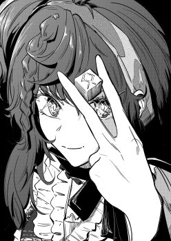 1girl absurdres between_fingers black_background closed_mouth collared_shirt dice greyscale hand_up highres holding holding_dice long_hair looking_at_viewer lopera_(reverse:1999) monochrome natsugu72 one_side_up reverse:1999 shirt smile solo upper_body