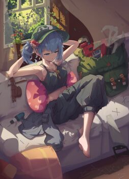 1girl absurdres backpack bag bare_arms bare_shoulders barefoot belt black_pants blue_hair breasts commentary_request couch crop_top cushion drill flat_cap flower green_bag green_hat hair_bobbles hair_ornament hammer hat highres indoors kawashiro_nitori key korean_commentary navel on_couch open_mouth pants partial_commentary plant potted_plant primsla saw shirt sitting sleeveless sleeveless_shirt solo tools touhou two_side_up window wrench